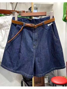 Kvinnors jeans mörkblå sommarkoreansk verktyg tunt sektion Lossa hög midja bantning a-line casual wide ben fem cent