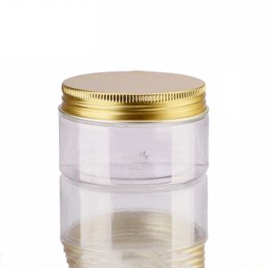 100ml 200ml Transparent PET Plastic Jars Storage Cans Round Bottle with Gold Aluminum Lids for cream, lotion, mud mask, lip balm LL