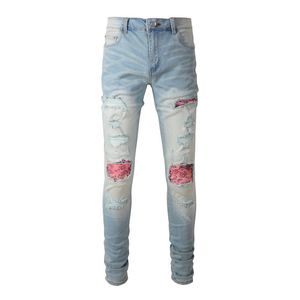 Mens Jeans Rock design estilo punk Men Print Patch Streetwear Skinny Tapered Stretch Jeans Stretch Jeans Light Holes Calças Rasgadas 230731