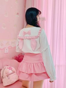 Camicette da donna Stile preppy giapponese Kawaii Lolita Donna Collo dolce orecchio Camicie Jk bianche Top Camicetta a maniche lunghe con bottoni chic