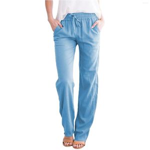 Kvinnor Pants Summer Lounge Solid Cotton Linen Drawstring Trousers med fickor damer Casual Loose Comfy Soft Streetwear