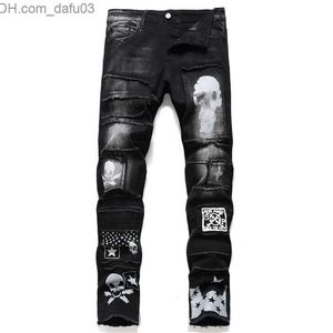 Men's Jeans MenS Pants Streetwear Fashion Trousers Jeans Skull Black Denim Biker High Quality Male Casual Designer Ripped Comfortable 220813 Z230801