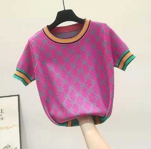 2023 Nya koreanska korta ärmkvinntröjor Summer 2022 Elegant O Neck Beading Flower Sticked Topps Female Pullover Jumper Clothes