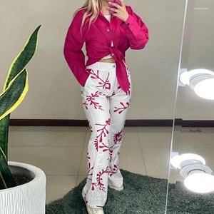 Women's Two Piece Pants Clothing 2023 Summer Product Temperament Casual Long Sleeved Lapel Shirt Printed High Waist Pocket Set