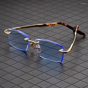 Solglasögon Natural Crystal Stone Man Blue Glass Sun Glasses Woman Vintage Acetate Luxury Rimless High-End Eyewear Anti Scratch