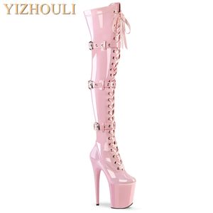 Boots Pink 12-23cm high heels buckle size adjustment round head dancer fashion sexy runway performance to thigh boots 230801