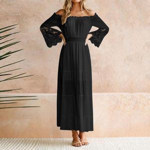 Casual Dresses Elegant Lace Strapless Dress Women Long Sleeve Holiday Mid Length Solid Maxi Bohemian Knee Robes