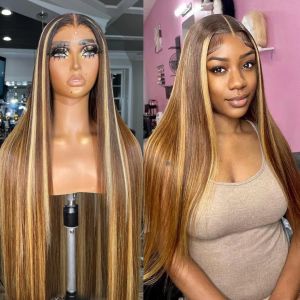 40 Inch Highlight Wig Human Hair Hd Lace Frontal Wig Glueless Preplucked Blonde Wig Colored Bone Straight Lace Front Wigs Synthetic