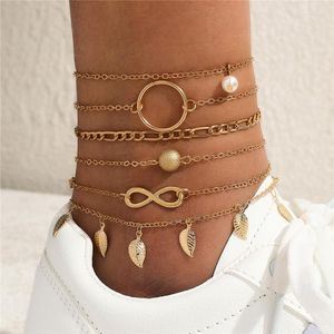 Cavigliere Bohemian Summer Beach Set di cavigliere per donna Catena color oro sulla gamba Foglie Palla Infinity Charm Bracciale alla caviglia Gioielli femminili