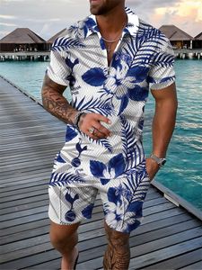 Herrspårspår med 2 stycken Set Hawaiian Style Print 3D Polo Shirt T and Shorts Casual Man Clothing Zip Up 230731