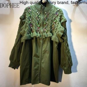 Women's Trench Coats Autumn 2023 Fashion Diamond Beading Women Jackets High Collar Knitted Patchwork Zip Mid-length Long Sleeve