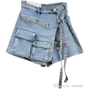 Moda Feminina Shorts Saias Calça Jeans Elástica Irregular Multi Bolsos Cargo Pants Bolsa com Zíper Shorts Primavera Verão Nova Saia Jeans Calça