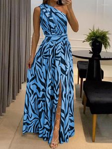 Casual Dresses Summer Holiday Elegant Printing One Shoulder Wrapping High midja A-Line Dress Sleeveless Split Maxi Beach Robe 2023