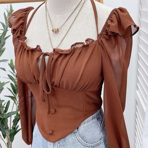 Kvinnors blusar Elastiska midja Slim Ladies Crop Top Summer Fashion Ruffled Blus Sexig Flare Sleeve Halter Backless Chiffon Shirt Women 27722