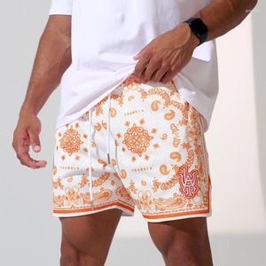 Shorts masculino estilo americano esportivo casual malha flor de caju respirável secagem rápida basquete na altura do joelho calças de um quarto