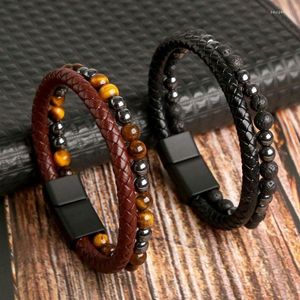 Charm Bracelets Trendy Men Classic Fashion Double-Layers Handmade Bead and Leather Combination Tiger Eye For Jewelry Gifts