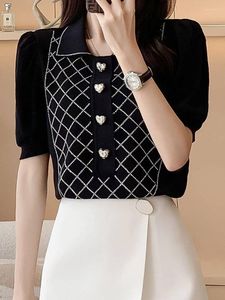 女性用セーターラペルバブル付き高品質のダイヤモンドニットシャツトップ2023韓国のファッション服