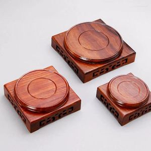 Decorative Plates 7-11cm Diameter Red Sandalwood Vase Base Carved Flower Pattern Stone Seal Teapot Tray Jade Antique Ceramic Ornaments