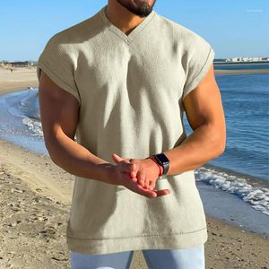 Men's Tank Tops Vintage Solid Color Ribbed V Neck Mens Summer Loose Sleeveless Casual Vest For Men Clothes Fashion Streetwear Camisole