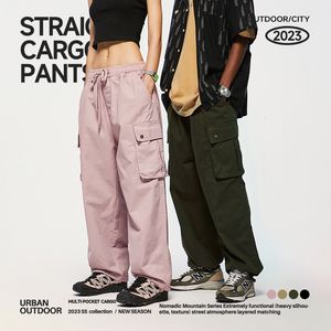 Men's Pants INFLATION Flap Pocket Parachute Pants Unisex Pink Drawstring Waist Cargo Pants Mens Fashion Straight Leg Trousers 230731