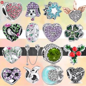 925 silver beads charms fit pandora charm 925 Bracelet Shining Colorful Flower Dogs Family charms set Pendant DIY Fine Beads Jewelry