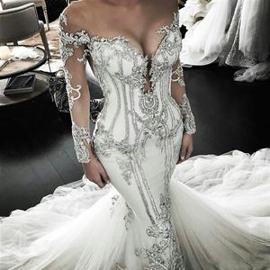 2022 Vintage långärmad sjöjungfru bröllopsklänningar kristallpärlade lyx plus storlek brudklänning svep tåg ren juvel hals vestido299b
