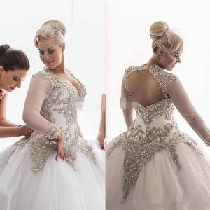 Large size long-sleeved bridal halter transparent ball gown wedding rhinestone crystal beaded237Z