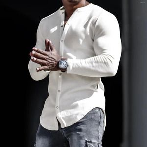 Camicie casual da uomo T-shirt bianca tinta unita T-shirt in cotone autunnale Camicetta Top monopetto T-shirt da esterno senza colletto a maniche lunghe