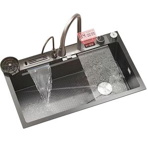 Digital Display Waterfall Sink Nano plaster miodu wytłoczony 304 Stal nierdzewna Duży pojedynczy zlew kuchenny zlew warzywa