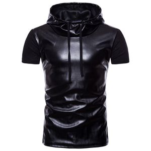 Men'S T-Shirts Mens Leather Panelled Hooded Casual High Street Short Sleeve Hoodies Male Hip Hop Crew Neck Drop Delivery Apparel Cloth Dhjmp