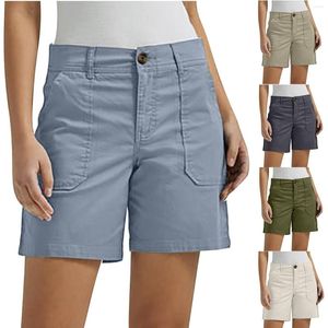 Shorts Feminino Verão Feminino Casual Senhora Adolescentes Cintura Alta Cor Sólida Ajuste Justo Sarja Carga Com Bolsos Calças Streetwear