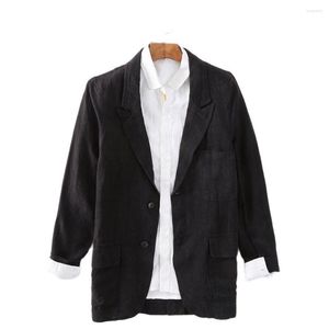 남자 정장 남자 솔리드 린넨 블레이저 포켓 디자인 재킷 섹시한 남성 의류 2023 싱글 가슴 탑 겉옷 가을 레팔 콜러