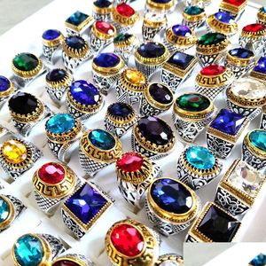 Solitaire Ring Wholeseale Lots 20Pcs/Lot Luxury Crystal Stone Sier Gold Charm Men Women Vintage Alloy Zircon Rings Colorf Wedding En Dhasz