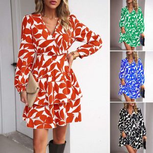 Diyun Damenbekleidung Herbst Winter Casual Print V-Ausschnitt Kleid