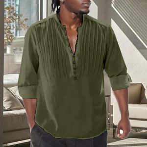 Men's Casual Shirts Summer T For Men 2023 Four Seasons Round Collar Button Pleated Solid Color Long Sleeve Shirt