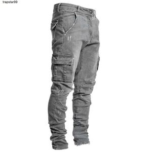 Ułożone dżinsy dżinsy mężczyźni moda chude męskie spodnie kieszonkowe dżinsy męskie spodnie dżinsowe