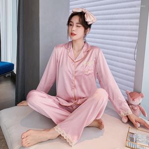 Kadın pijama gündelik uzun kollu pijama set 2pcs dantel saten sahte ipek bahar sonbahar hırka geceleme samimi iç çamaşırı salonu salonu giyim