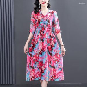 Casual Dresses 2023 Real Silk Print Floral V-neck Dress Women Korean Vintage Party Summer Elegant Light Sundress