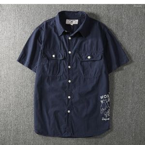 Men's Casual Shirts 2023 Summer Vintage Pocket Work Shirt Short Sleeve Cotton Printed Wash Turn-down Collar