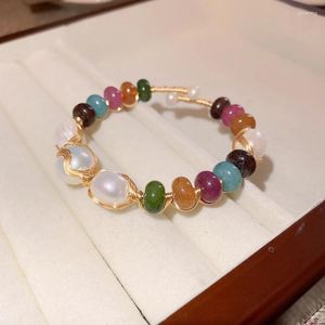 Strand HANGZHI Baroque Freshwater Pearl Open Bracelet For Women Bohemia Metal Winding Colours Natural Stone Party Jewelry