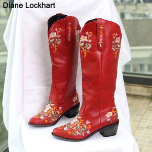 Boots Vintage Flowers Emelcodery Bootes Women Western Cowgirls Cowboy Boots Случайная работа езда на кусочках.