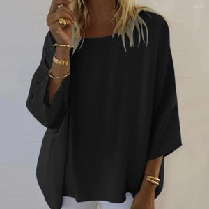 Kvinnors blusar Kvinnor Solid Color Top Stylish Casual Shirt Blus Soft Breattable Scoop Neck Loose Fit 3/4 ärmar Non-rynkor