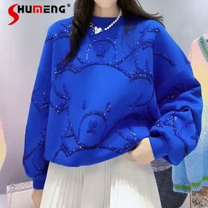 Women's Hoodies 2023 Spring Cute Rhinestones Blue Sweatshirt Cartoon Anime Oversized Diamond-Embedded Bear Crop Hoodie Streetwear