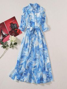 Casual Dresses High Street Wome Dress Turn-Down Collar Three Quarter Sleeve Blue Flower Printing Party Vacation Sliming Vestidis Belt