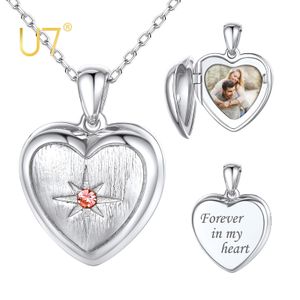 Pendanthalsband U7 Anpassad Birthstone 925 Silver Heart Openable Po Locket Halsband Lasergravemminnes Familjebild Personliga smycken 230731