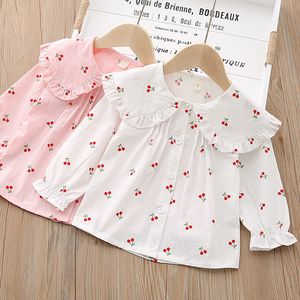 Barnskjortor Girls Cotton Spring and Autumn Lapel Shirt Baby Foreign Air Little Cherry White Under 4 6y 230731