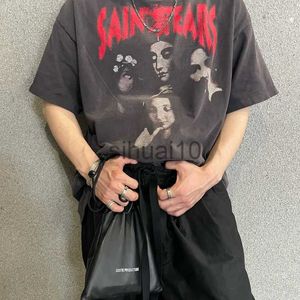 Męskie koszulki Vintage Saint Michael Denim łzy okrągły szyję ponadgabarytowa koszulka anioł Anioł nadruk rapowy Rap Band Streetwear Summer Tops J230731