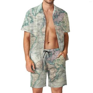 Men's Tracksuits Vintage Map Beachwear Men Sets The World 1801 Print Casual Shirt Set Summer Printed Shorts 2 Piece Trendy Suit Big Size 2XL