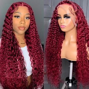 Burgundy Red Hd Lace Frontal Human Hair Wig 13x4 Curly Wigs for Women Glueless Preplucked Synthetic Wigs Brazilian Deep Wave Wigs