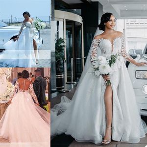 Mermaid Sexy 2021 Split Wedding Dresses With Detachable Train Long Sleeve Beaded Lace Appliqued Bridal Gowns Plus Size Robe De Mar236u